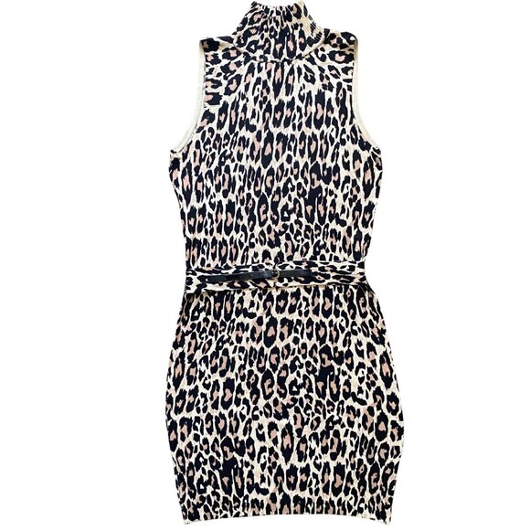 Y2k Guess Leopard Print Turtleneck Fitted Sleeveless Knit Dress With Belt Size M - Picture 1 of 3